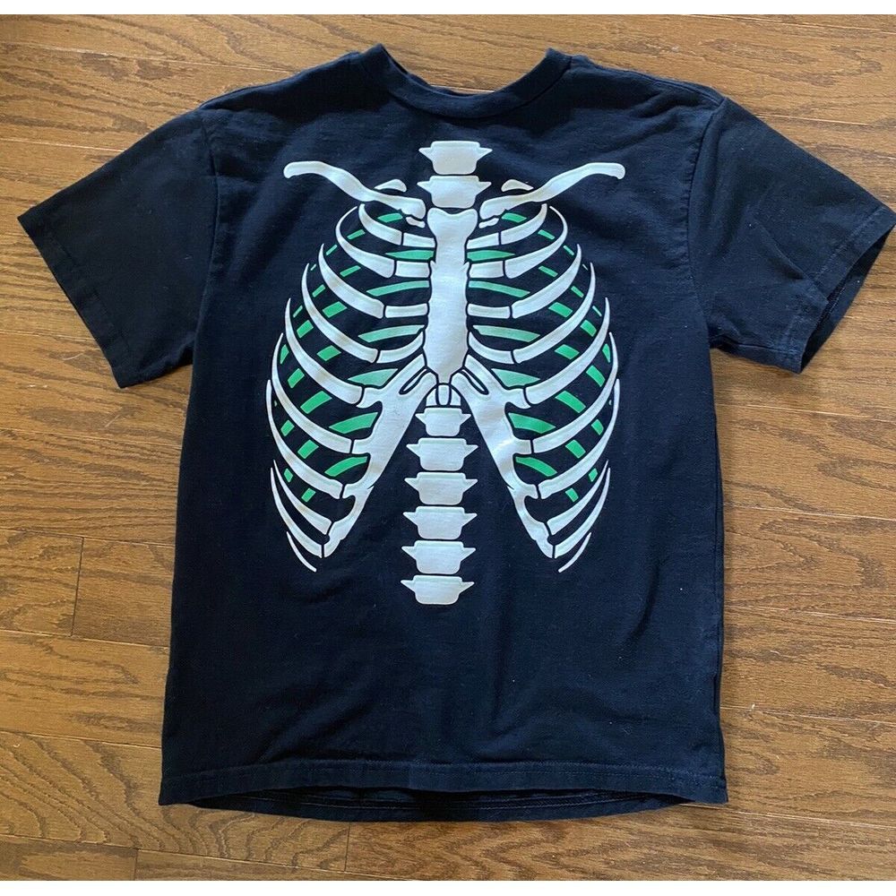 SKELETON T-Shirt Halloween Boys Size LARGE (10-12)‎ Bones Black White